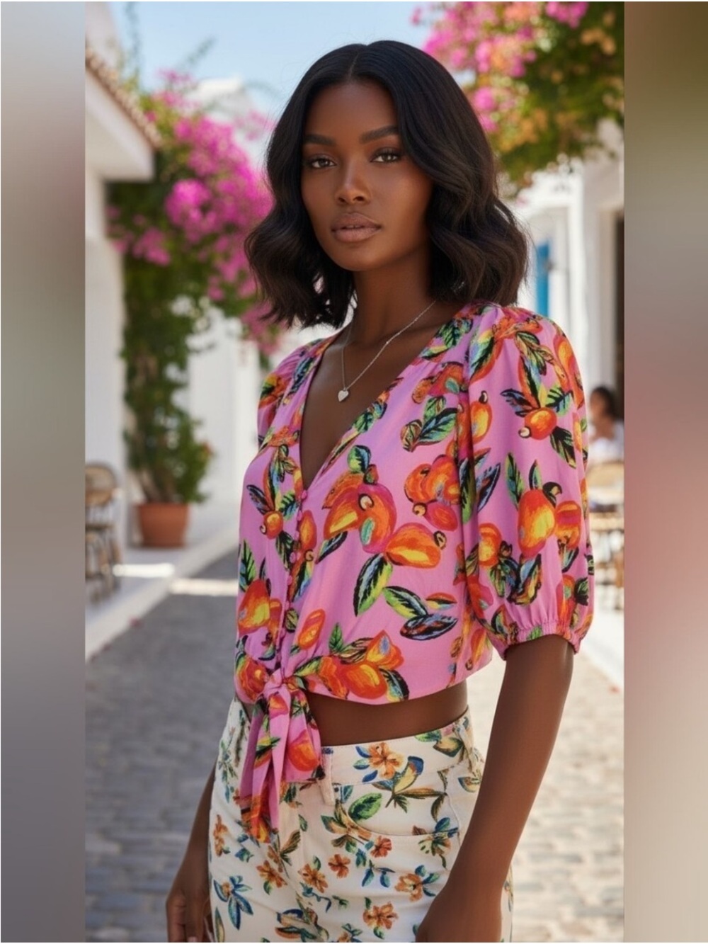 Joie Tropical Floral Fruit Pink Tie-Front V-Neck Blouse